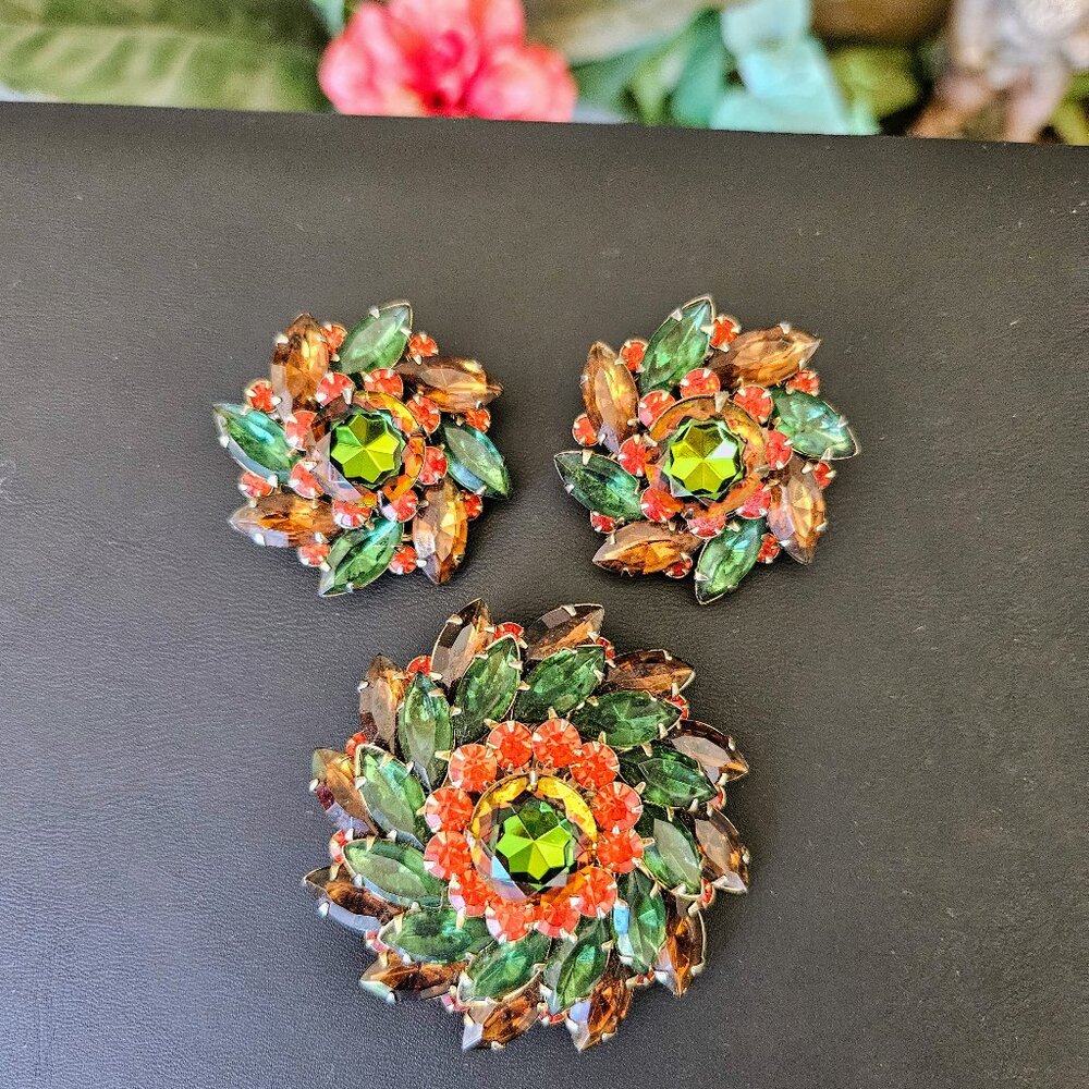 Vintage Judy Lee Jewels Rhinestone Brooch & Earring Set